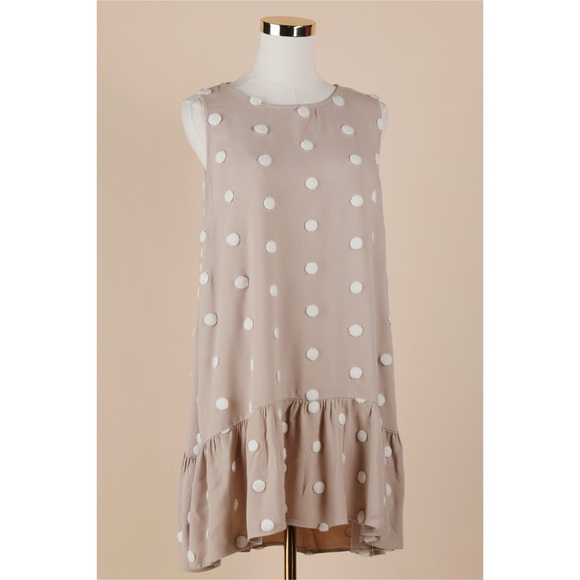 Sz M Altar’d State Beige & White Polka Dot Flounce Swing Dress GUC - Picture 1 of 4
